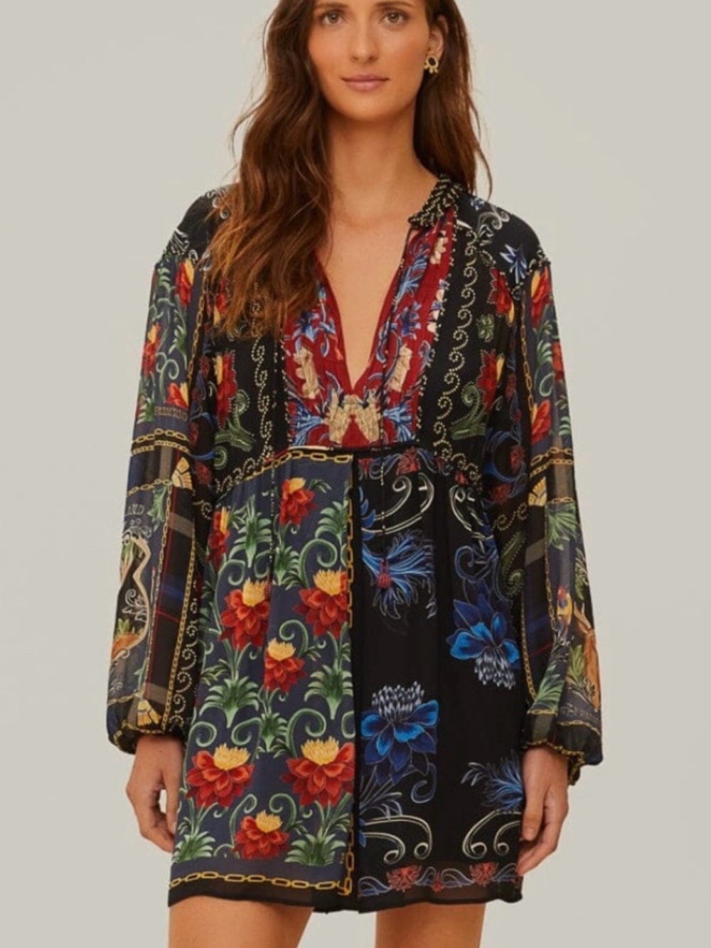 FARM Rio Black Multi Floral V-Neck Boho style Tunic EUC . XS